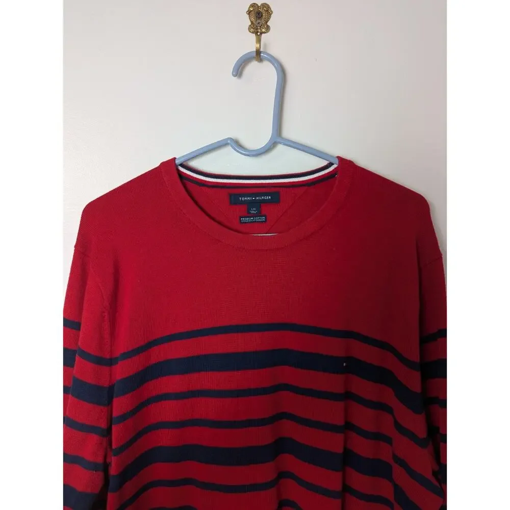 Tommy Hilfiger Size L Sweater Mens Red Navy Blue Stripe Cotton
